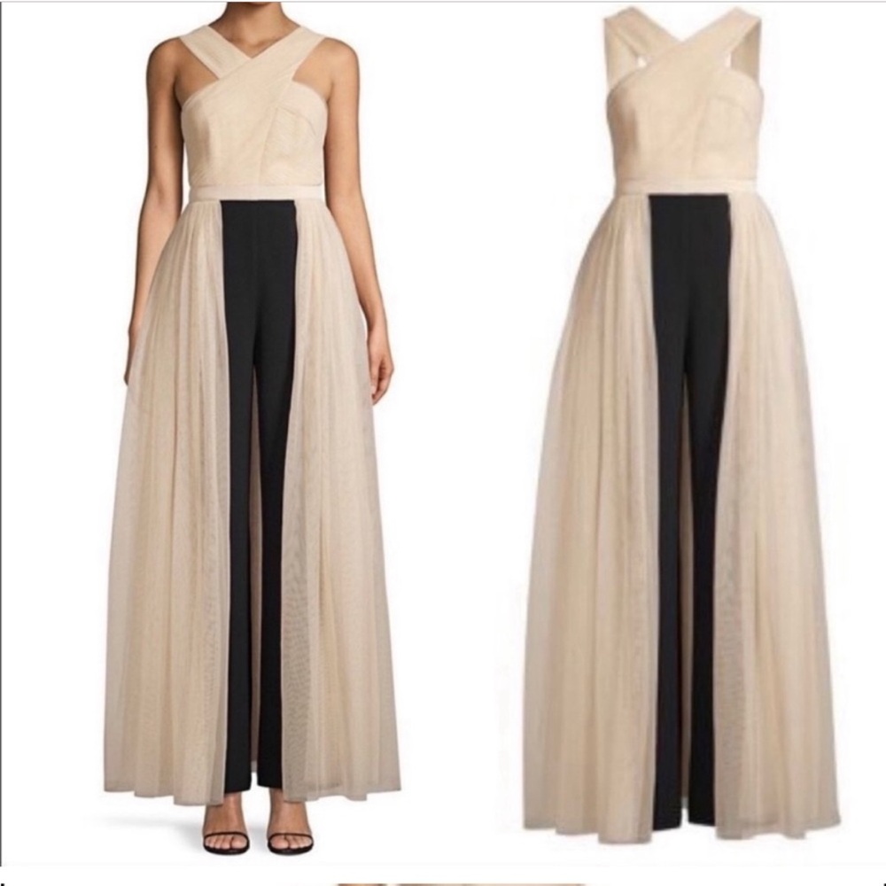 BCBG Eve Overlay Walk-through jumpsuit dress evening gown Almond and black